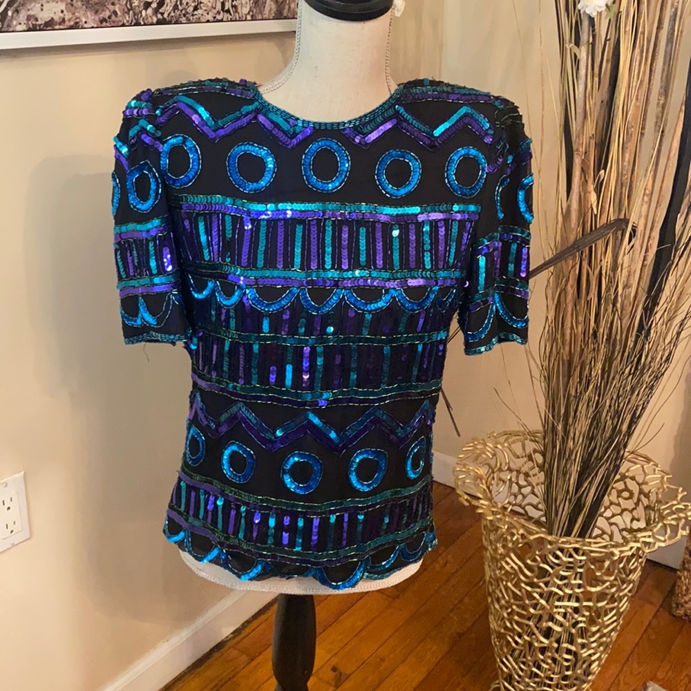 Black, royal blue and turquoise colored sequin top